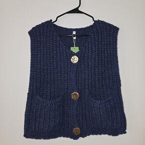 Navy Chunky Knit Button-Front Vest